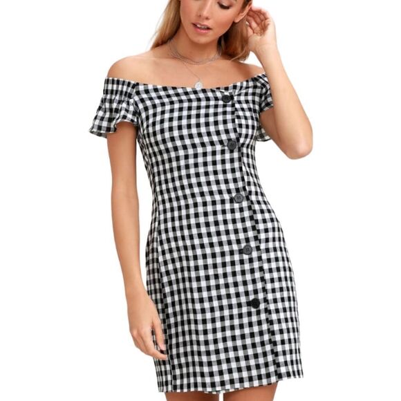 Lulus Check Please Off Shoulder Gingham Dress Nwt - Picture 4 of 12
